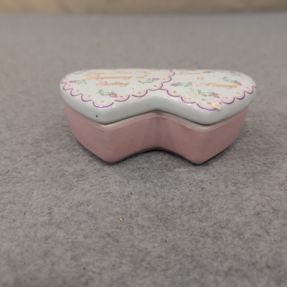 Double Heart Ceramic Trinket Box Pink White Love Sentiment Floral Keepsake - Picture 2 of 5